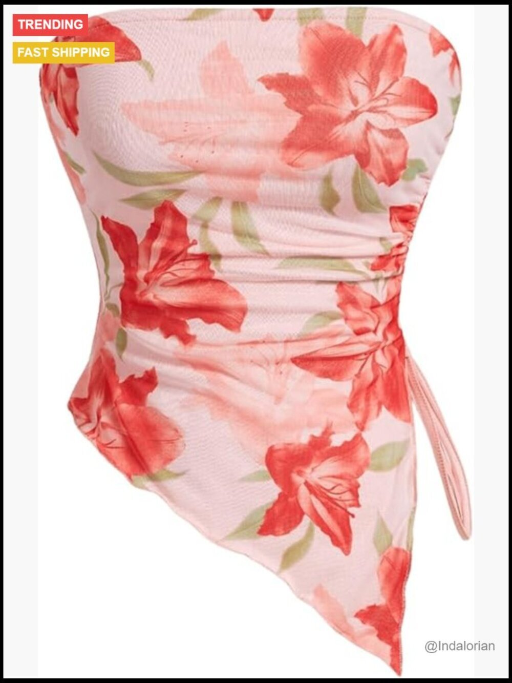 Floral Mesh Strapless Tube Top Asymmetrical Hem Bandeau Crop